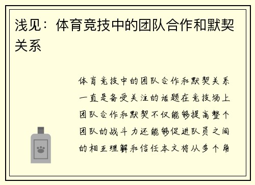 浅见：体育竞技中的团队合作和默契关系